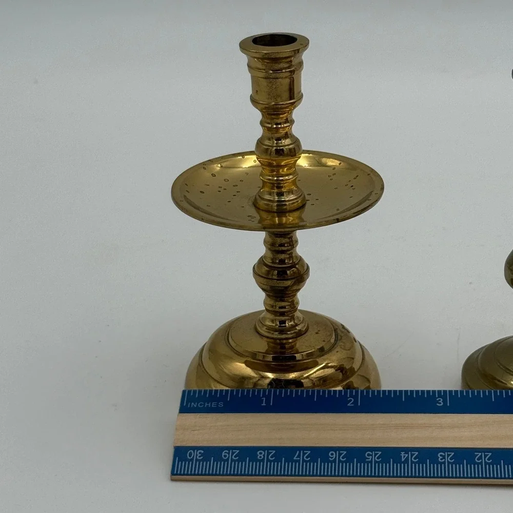 Vintage Solid Brass Candlestick Holders Mismatched Set of 2 Gold Taper Pedestal